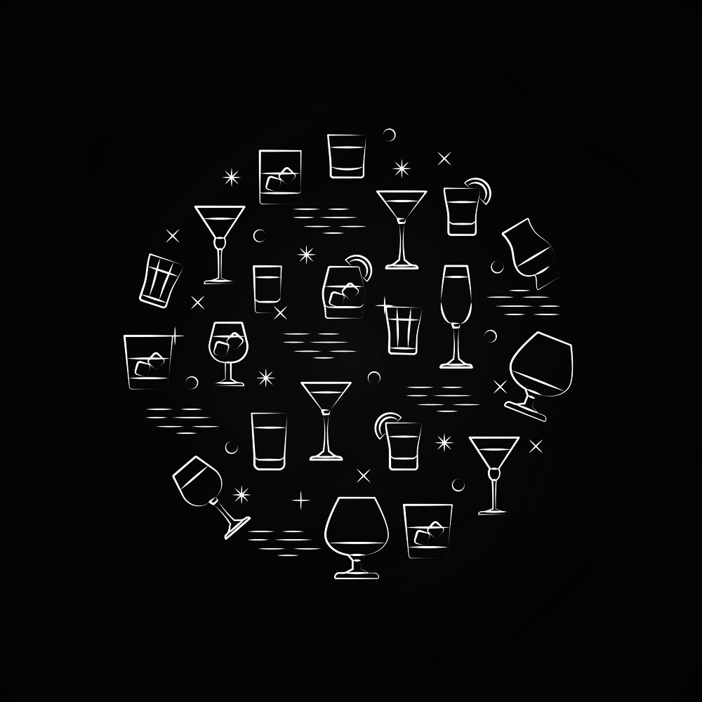 Alcoholic drinks icons on chalkboard - drinks circle concept. Vector illustration. Alcoholic drinks icons on chalkboard