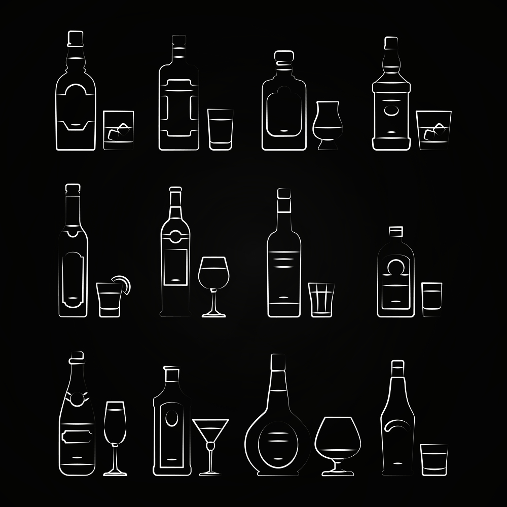 Alcoholic drinks line icons - white drinks icons on chalkboard. Drawing alcohol, vector illustration. Alcoholic drinks line icons - white drinks icons on chalkboard