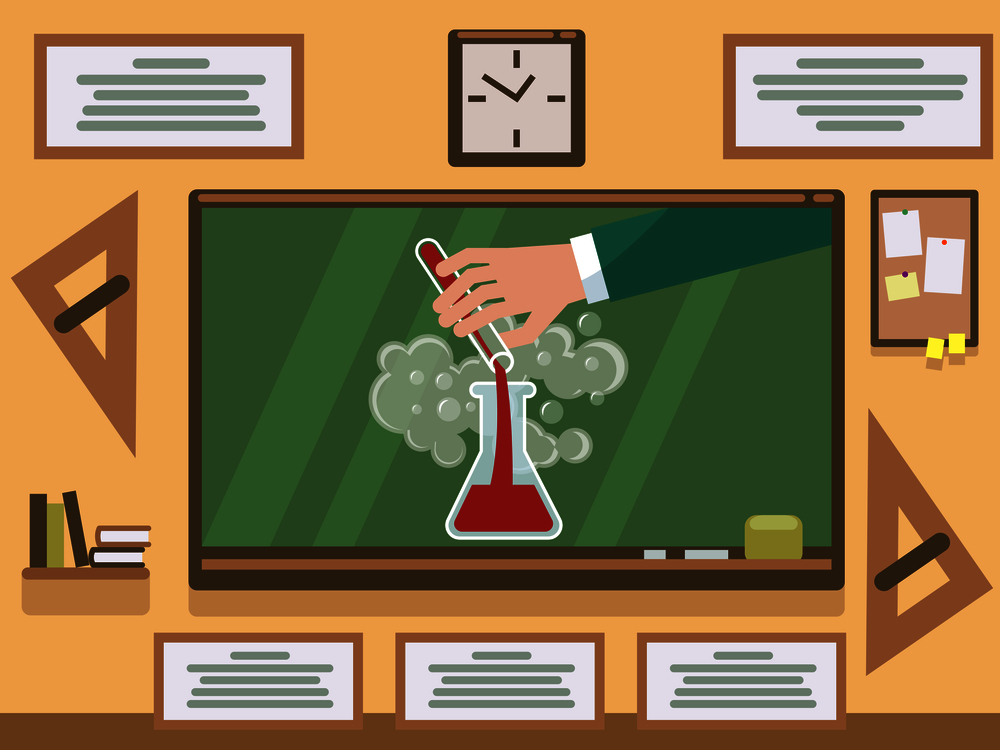 Chemical experiment on chalkboard in classroom. Experiment chemistry, science chemical research. Vector illustration. Chemical experiment on chalkboard in classroom