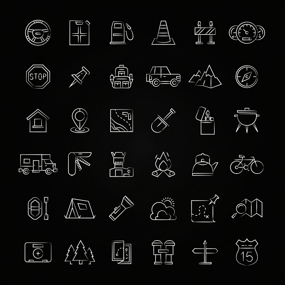 Tourism and travel brush line icons collection. Set of linear icons. Vector illustration. Tourism and travel brush line icons collection