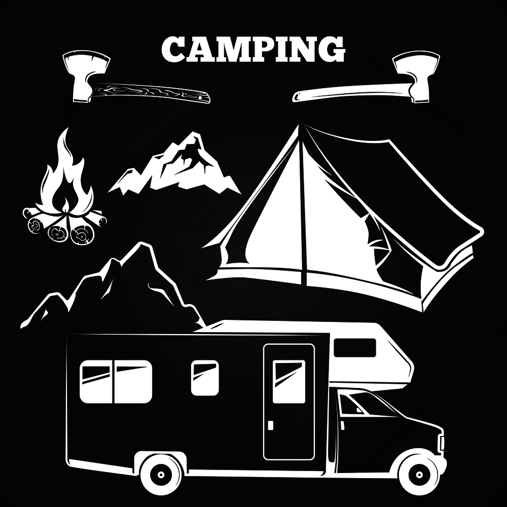 Camping or hiking vintage elements on chalkboard. Adventure badge illustration vector. Camping or hiking vintage elements on chalkboard