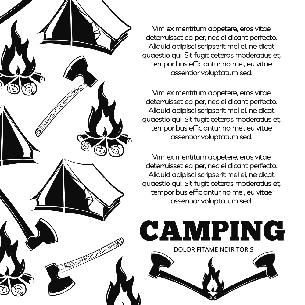 Camping poster with fire, axes, tent. Summer adventure banner design, vector illustration. Camping poster with fire, axes, tent