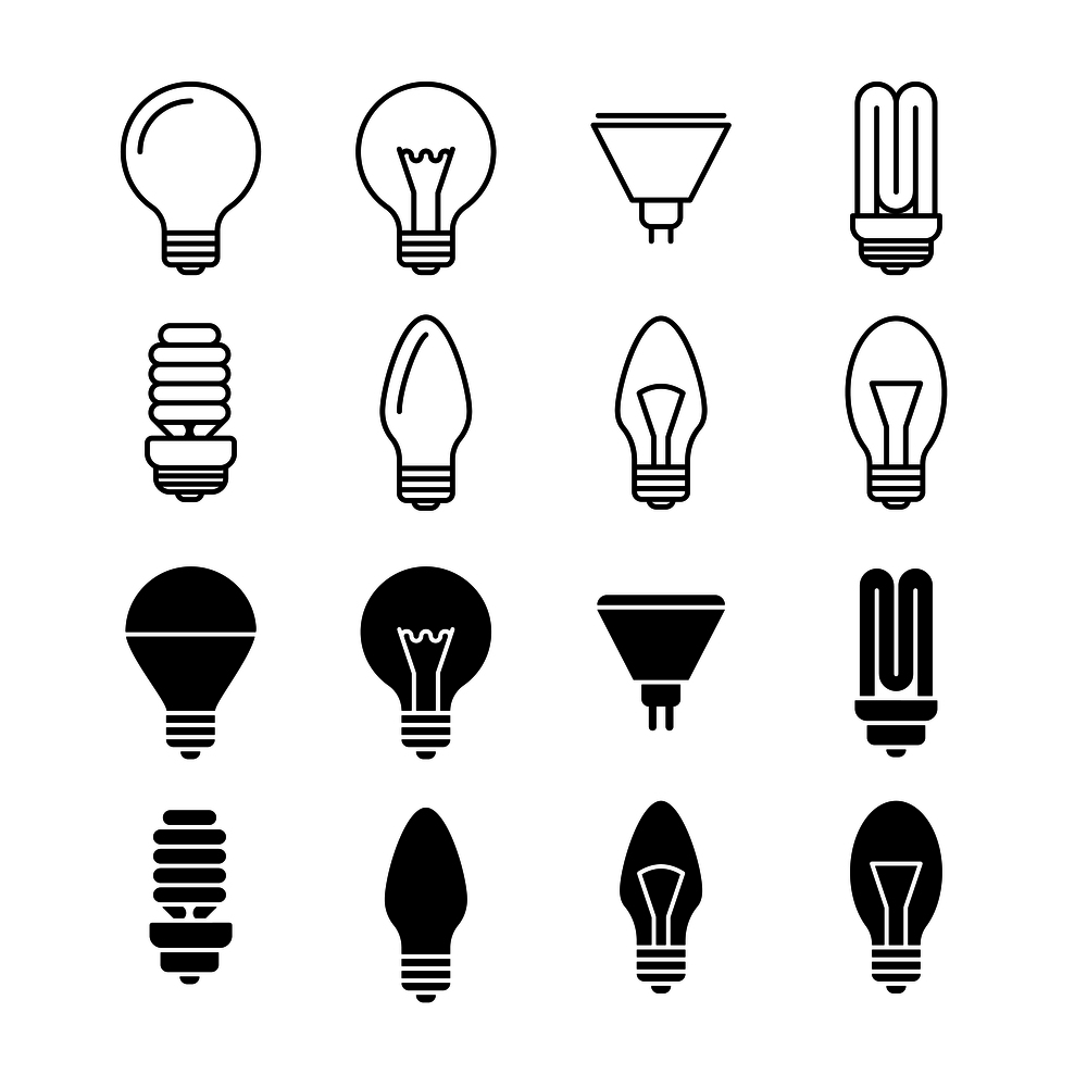 Light bulbs line and silhouette icons isolated on white. Set of light bulb and lamp electricity, vector illustration. Light bulbs line and silhouette icons isolated on white
