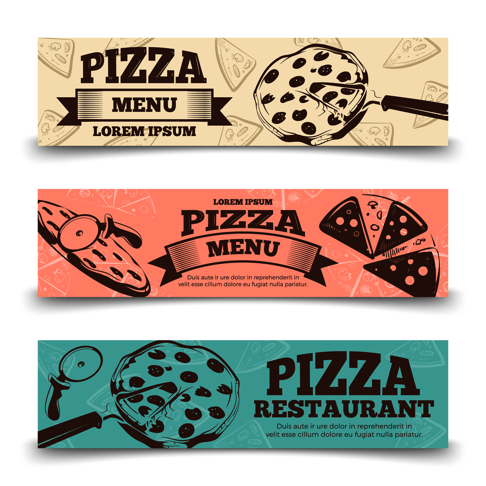 Pizza menu banners template - food vintage banners. Restaurant poster, vector illustration. Pizza menu banners template - food vintage banners