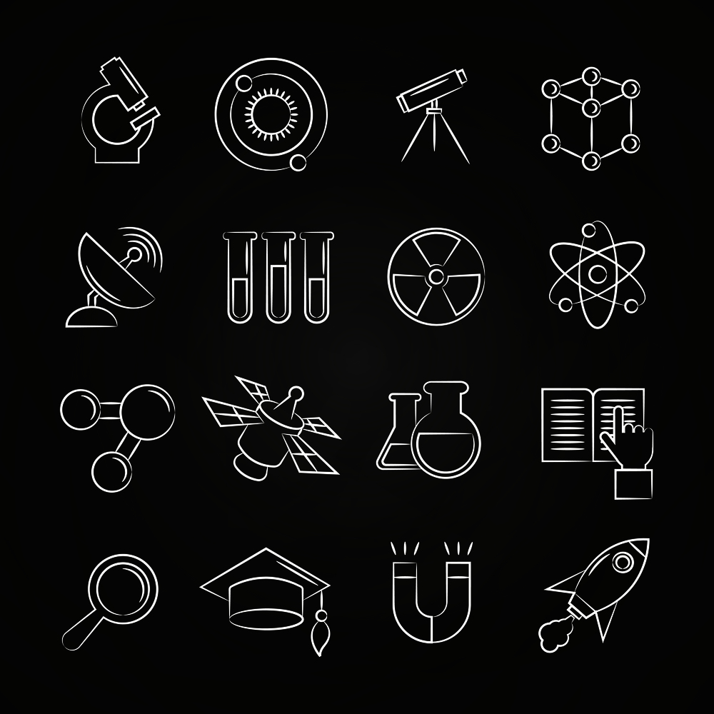 Science line icons set on chalkboard. School chemistry science, vector illustration. Science line icons set on chalkboard