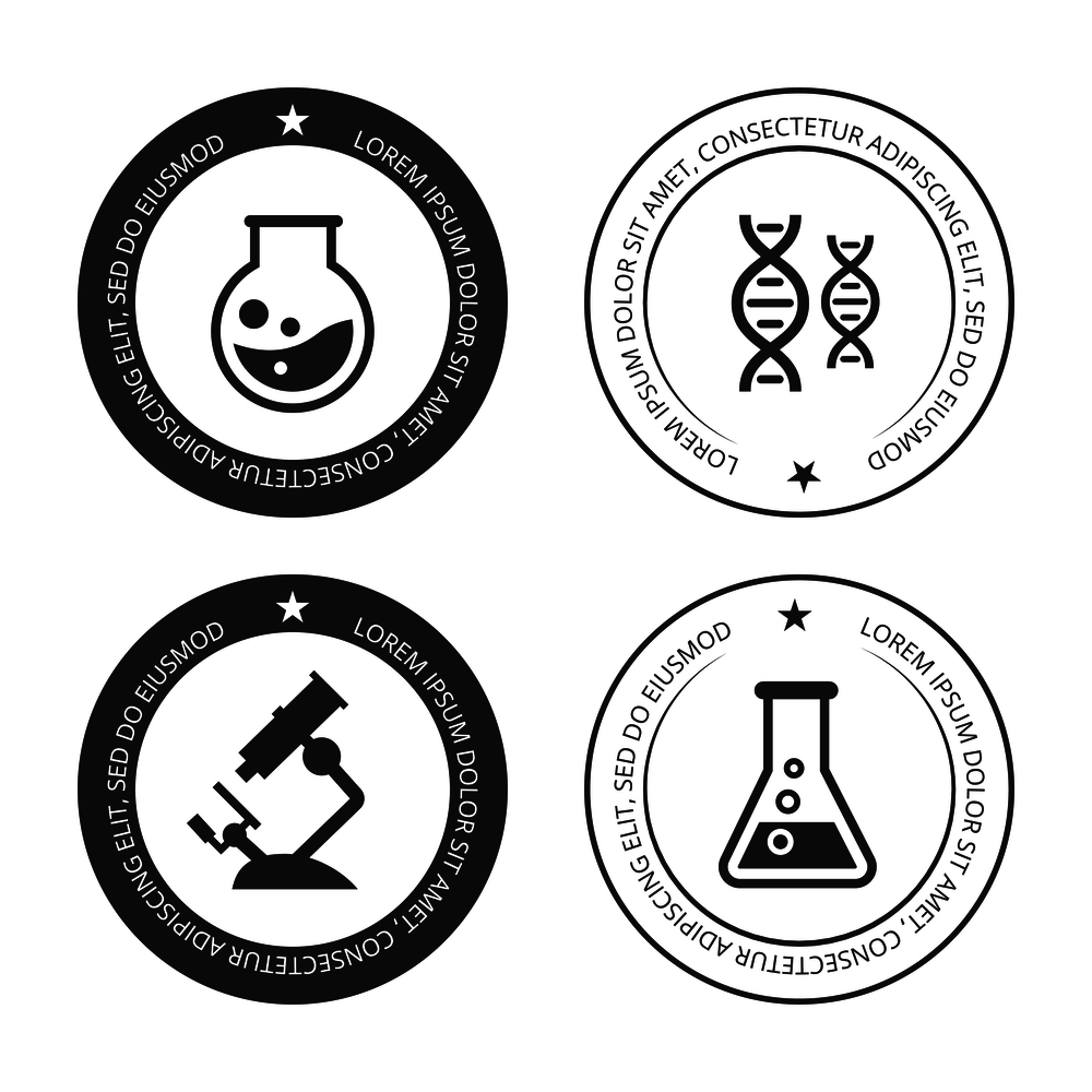 Science labels collection with silhouette icons. Illustration of symbol element vector. Science labels collection with silhouette icons