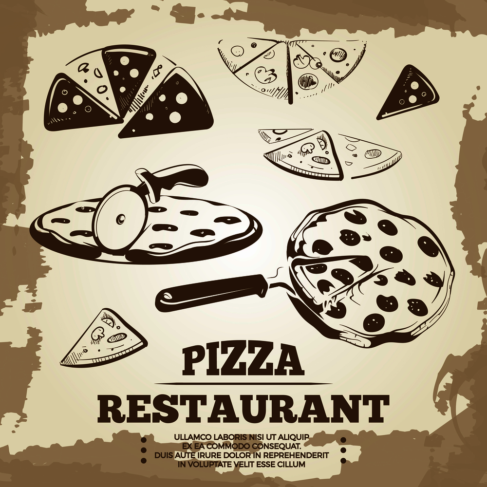 Vintage pizza elements for cafe, restaurant, bar or delivery. Pizza restaurant retro, italy food sketch illustration. Vintage pizza elements for cafe, restaurant, bar or delivery