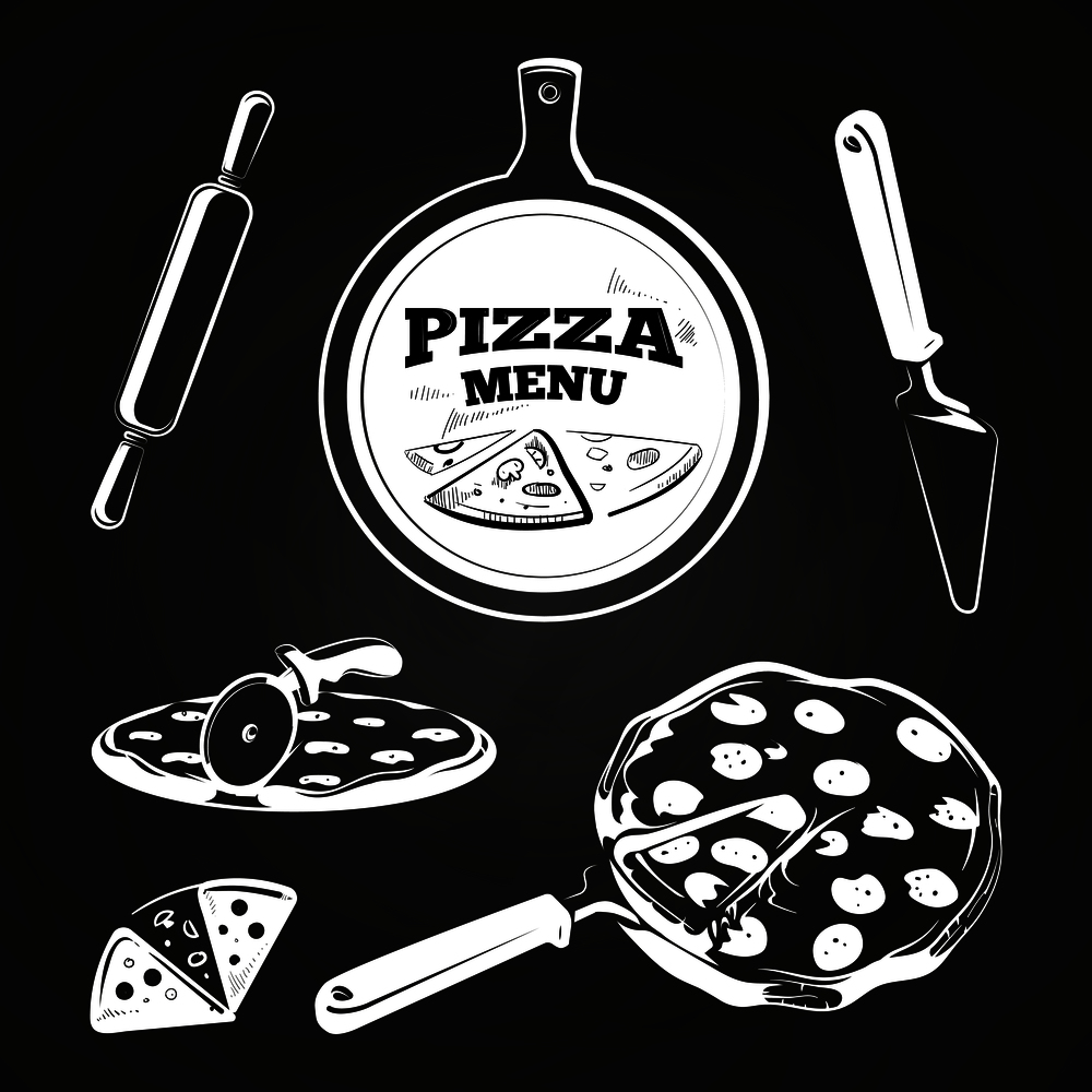 Vintage pizza elements for labels and design on chalkboard. Vintage pizza elements on chalkboard