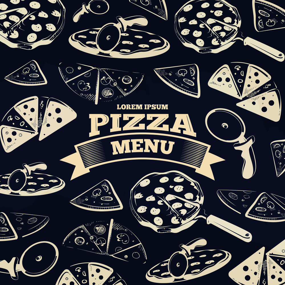 Vintage pizza menu cover design. Food design pattern for menu. Vector illustration. Vintage pizza menu cover design