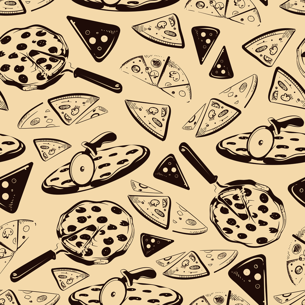 Vintage pizza slices seamless pattern. Pizza background food, vector illustration. Vintage pizza slices seamless pattern