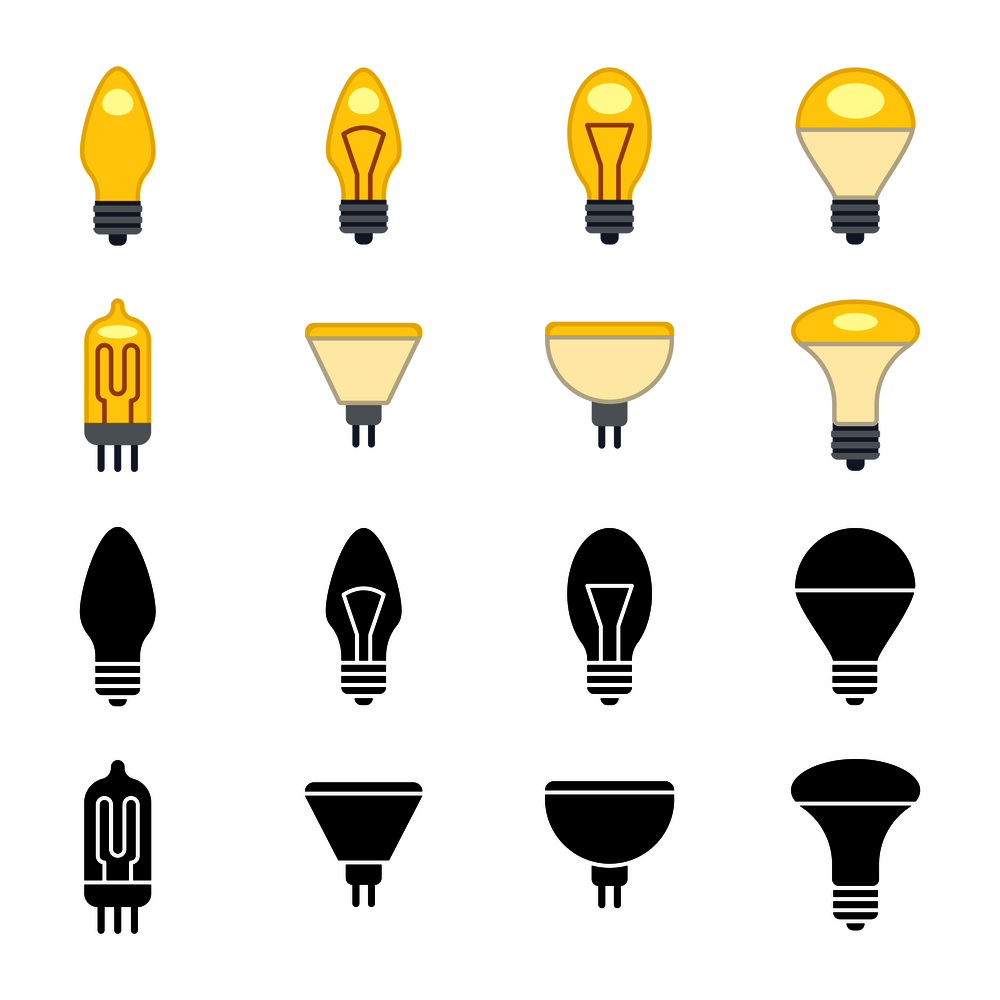Black silhouettes and colorful light bulbs icons isolated on white. Power light lamp electric, vector simple bright lamp, illustration of electrical lightbulb. Black silhouettes and colorful light bulbs icons isolated on white