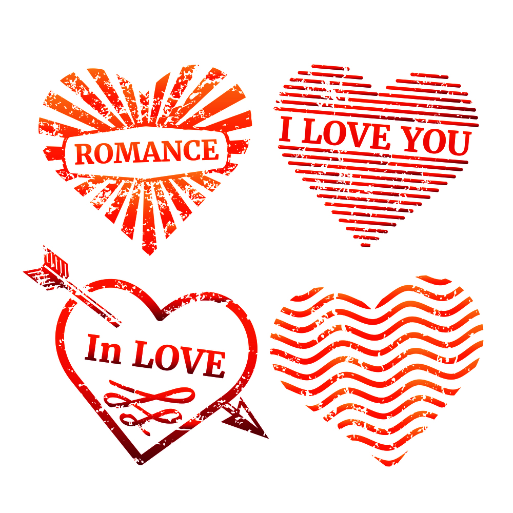 Colorful grunge hearts stamp collection. Set color shape romantic stamp. Vector illustration. Colorful grunge hearts stamp collection