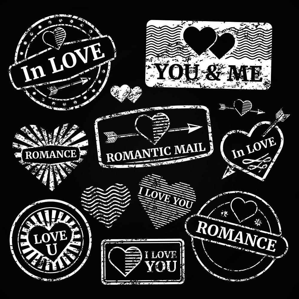 Romantic postage grunge stamp collection on chalkboard. Vector illustration flat. Romantic postage grunge stamp collection