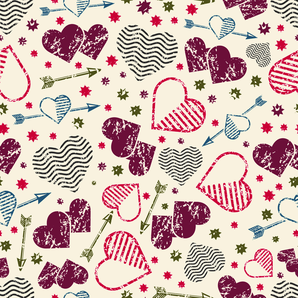 Romantic seamless pattern with grunge hearts and arrows. Vector illustration. Romantic seamless pattern with grunge hearts and arrows