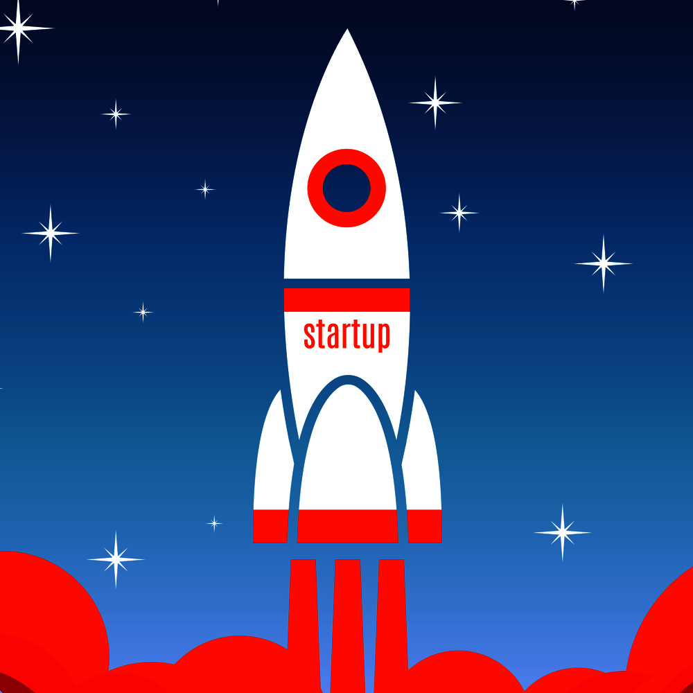 Startup concept background with spaceship. Startup business rocket, vector illustration. Startup concept background with spaceship