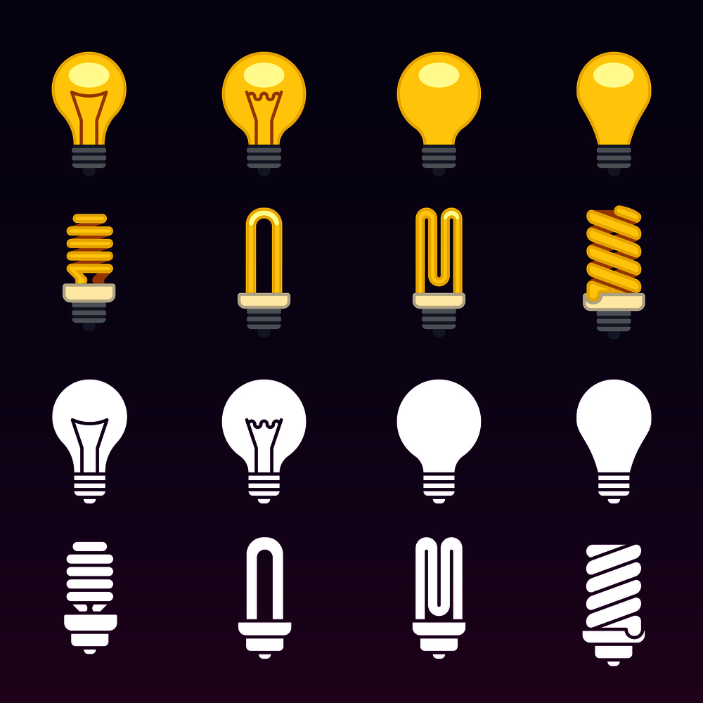 White silhouettes and colorful light bulbs icons. Idea lamp symbol illustration. White silhouettes and colorful light bulbs icons