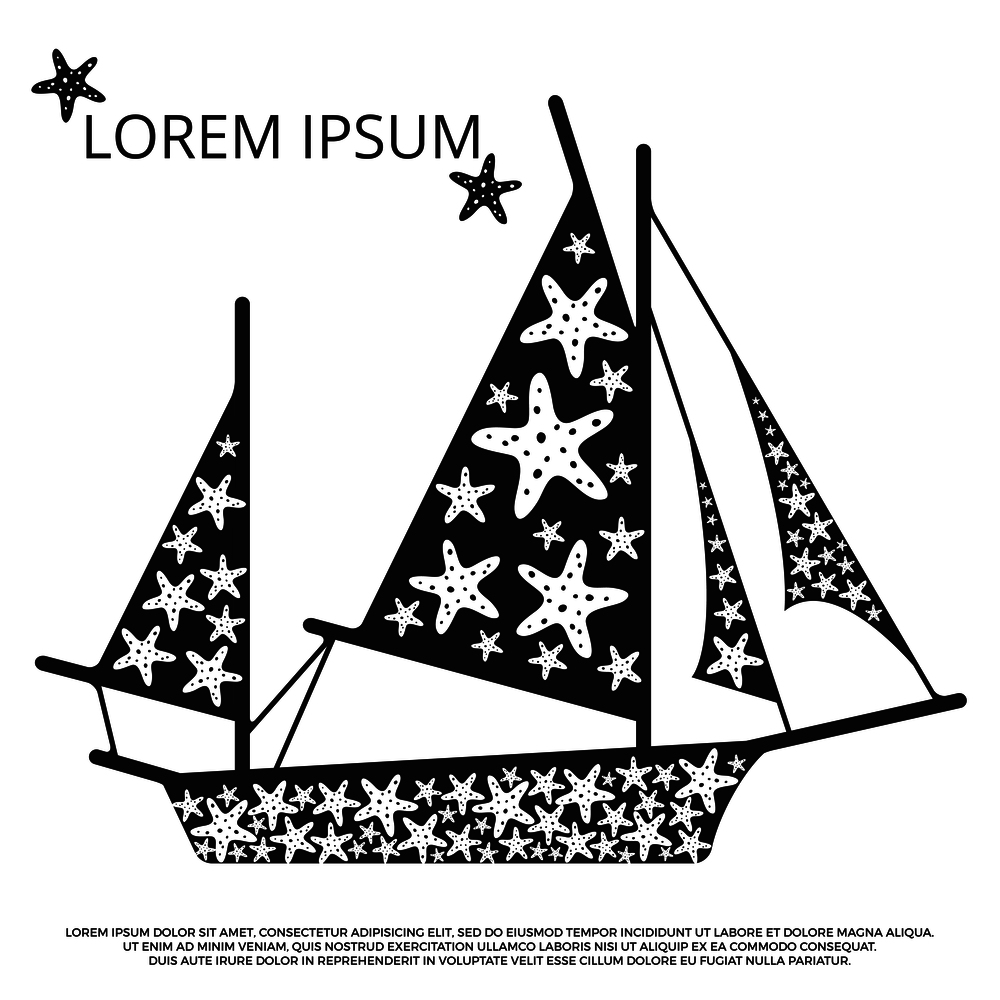 Black and white sailboat with sea stars. Sailboat and ship, vector illustration. Black and white sailboat with sea stars
