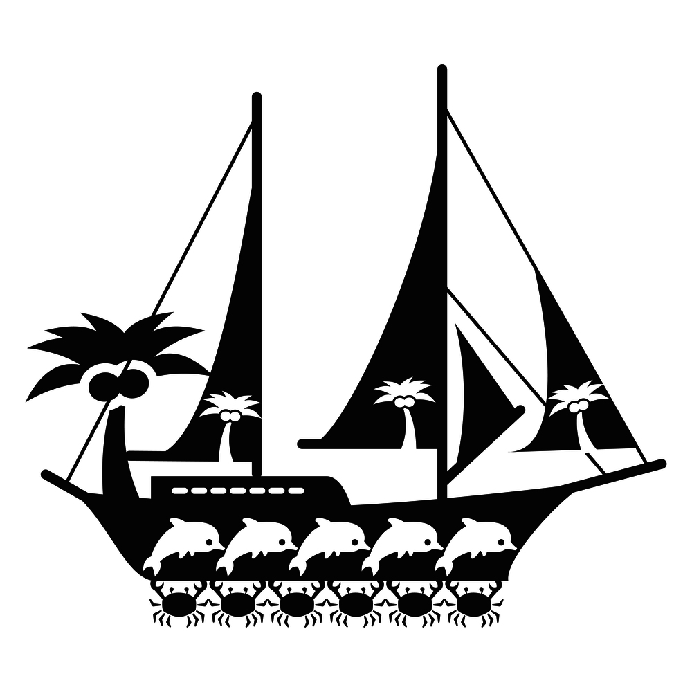 Black and white sea travel concept with ship, crabs, palm tree and dolphins. Vector illustration. Black and white sea travel concept with ship