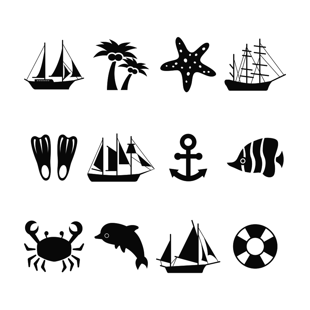 Summer sea vacation icons set. Summer elements and animals , anchor and dolphin, starfish. Vector illustration. Summer sea vacation icons set