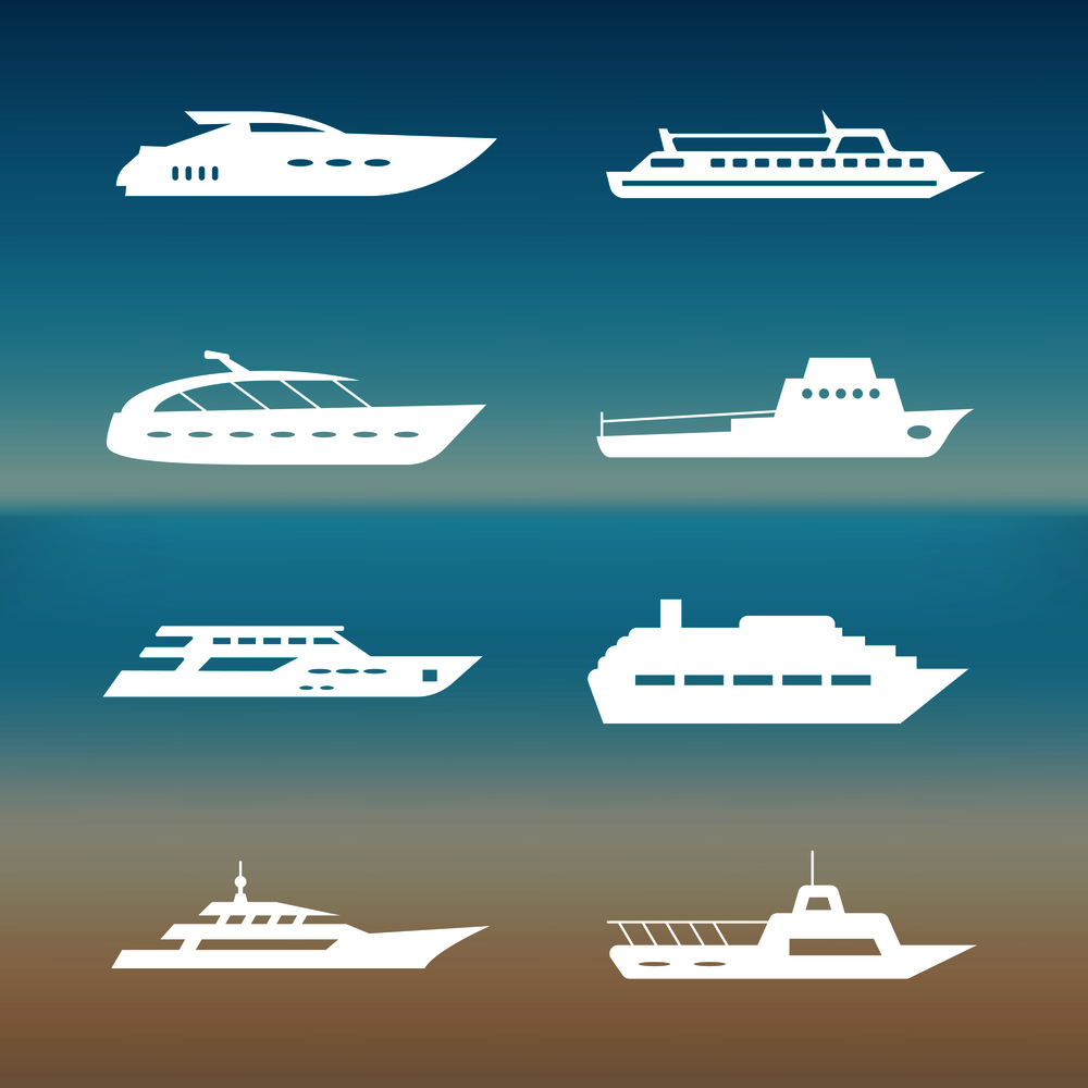 White ship and boats icons collection. Transport travel, vector illustration. White ship and boats icons collection