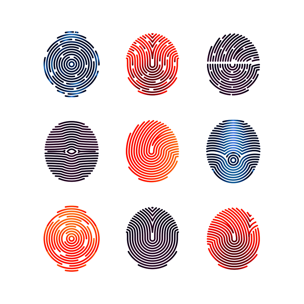 Colorful fingerprints icons - biometric info. Vector biometric fingermark illustration flat. Colorful fingerprints icons - biometric info