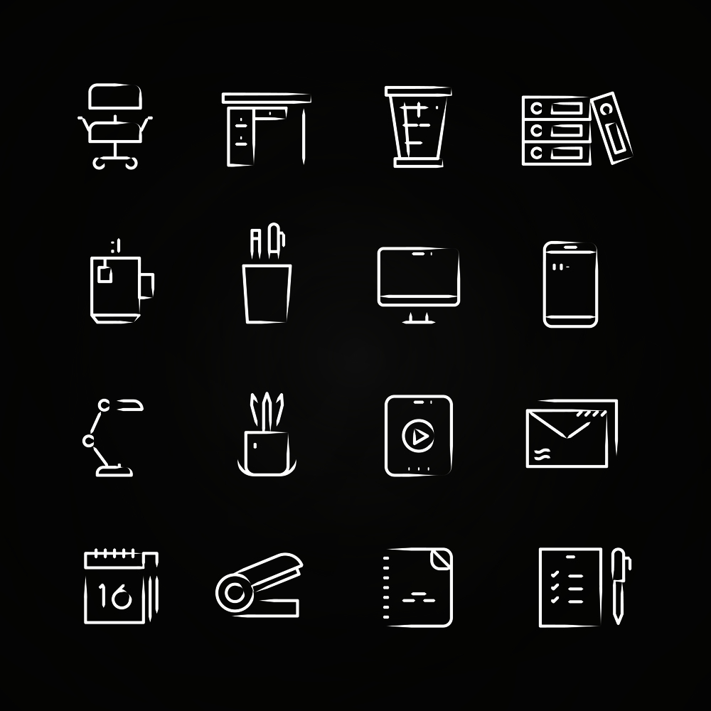 Hand drawn office icons on chalkboard. Office business doodle, vector illustration. Hand drawn office icons on chalkboard