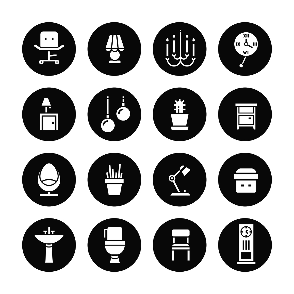 Interior design white icons collection. Set of furniture for interior. Vector illustration. Interior design white icons collection