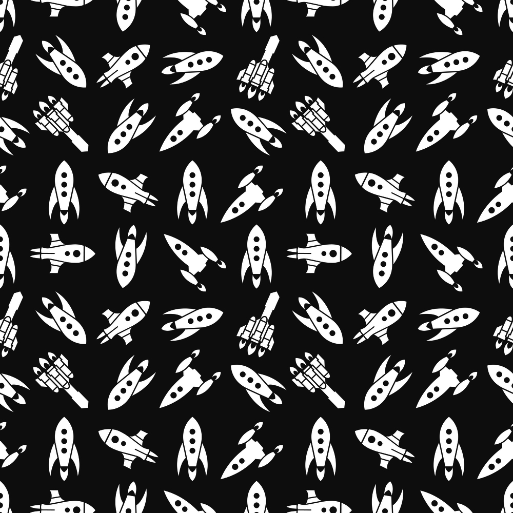 Spaceships and rockets seamless pattern. Shuttle travel in galaxy, vector illustration. Spaceships and rockets seamless pattern