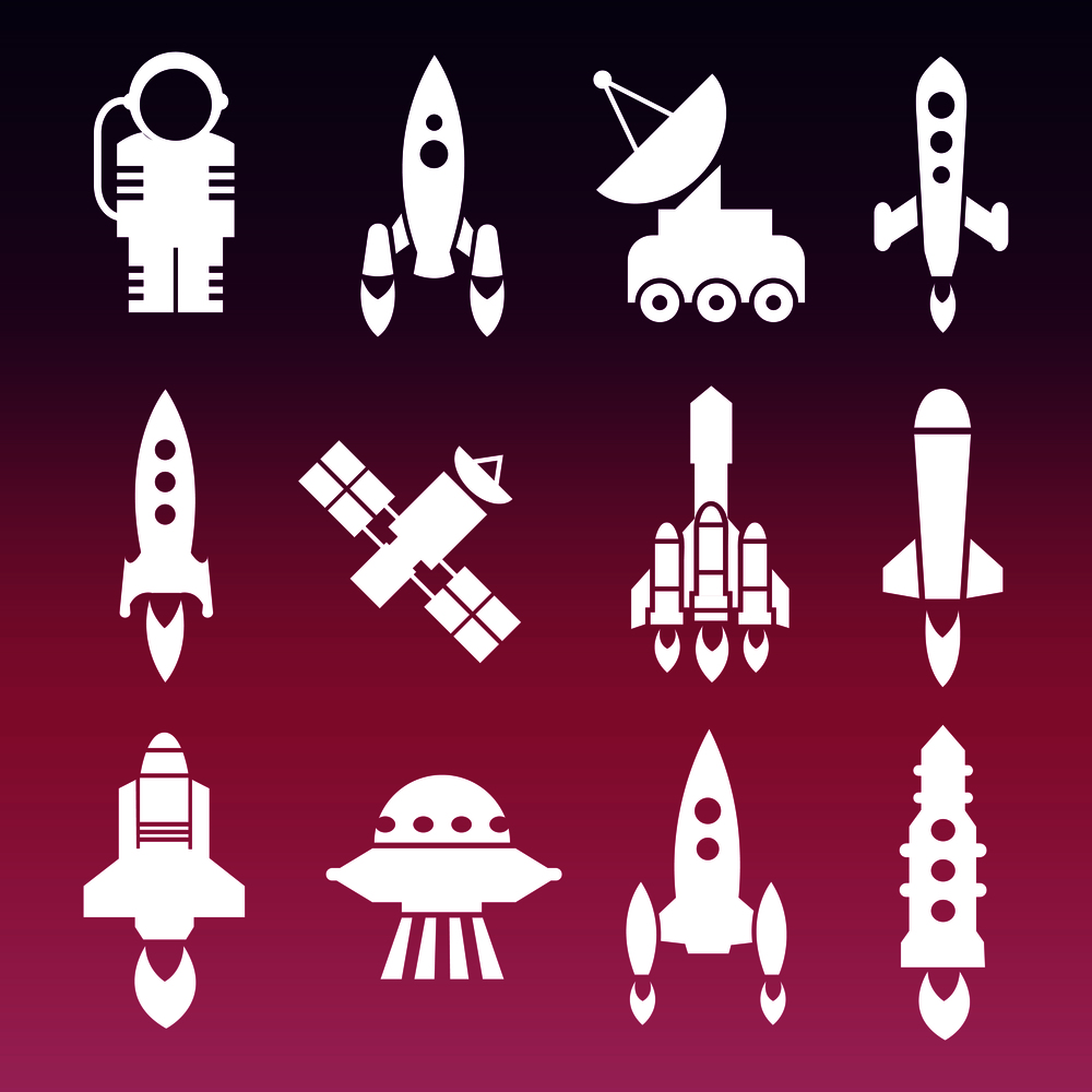 White shuttle, rockets and space techics icons. Vector ilustration flat. White shuttle, rockets and space