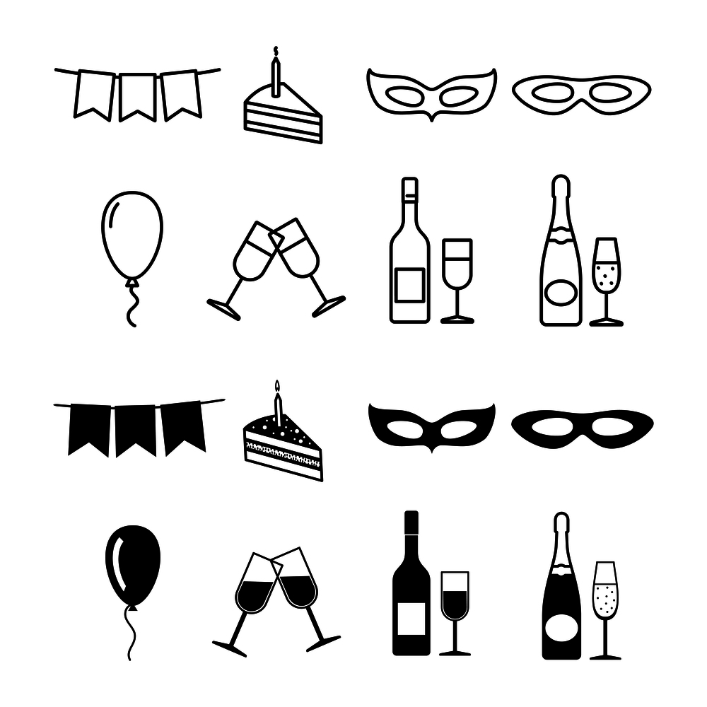 Birthday party icons collection - party silhouette and line icons set. Vector illustration. Birthday party icons collection - party silhouette and line icons set