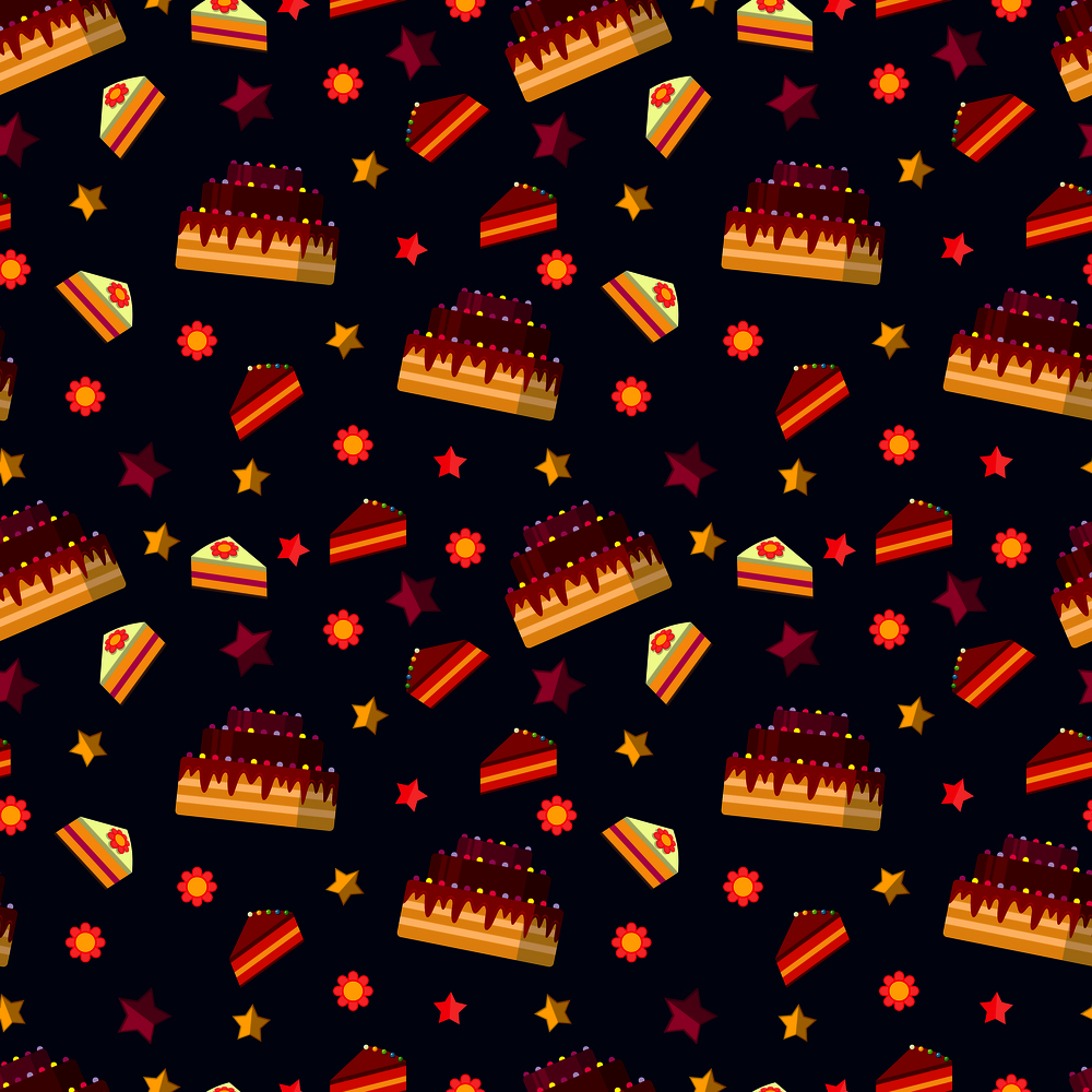 Colorful birthday cakes seamless pattern. Party celebration, vector illustration flat. Colorful birthday cakes seamless pattern