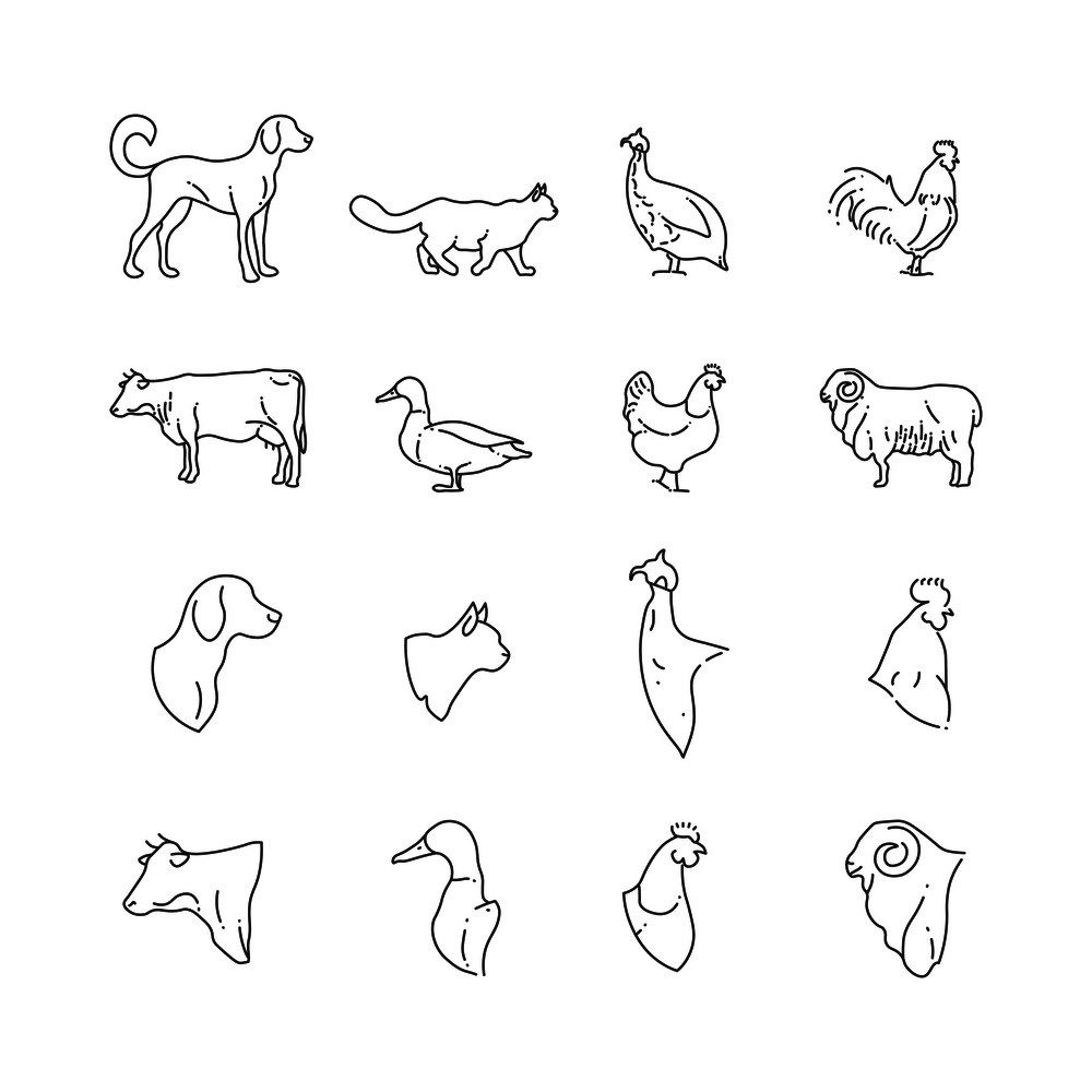 Farm animal and birds thin line icons. Farm pig and bird, rabbit and cow, vector illustration. Farm animal and birds thin line icons