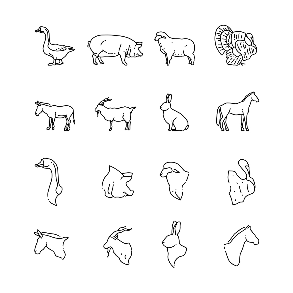 Farm birds and animal line icon - full and heads of animals. Vector illustration. Farm birds and animal line icon - full and heads of animals