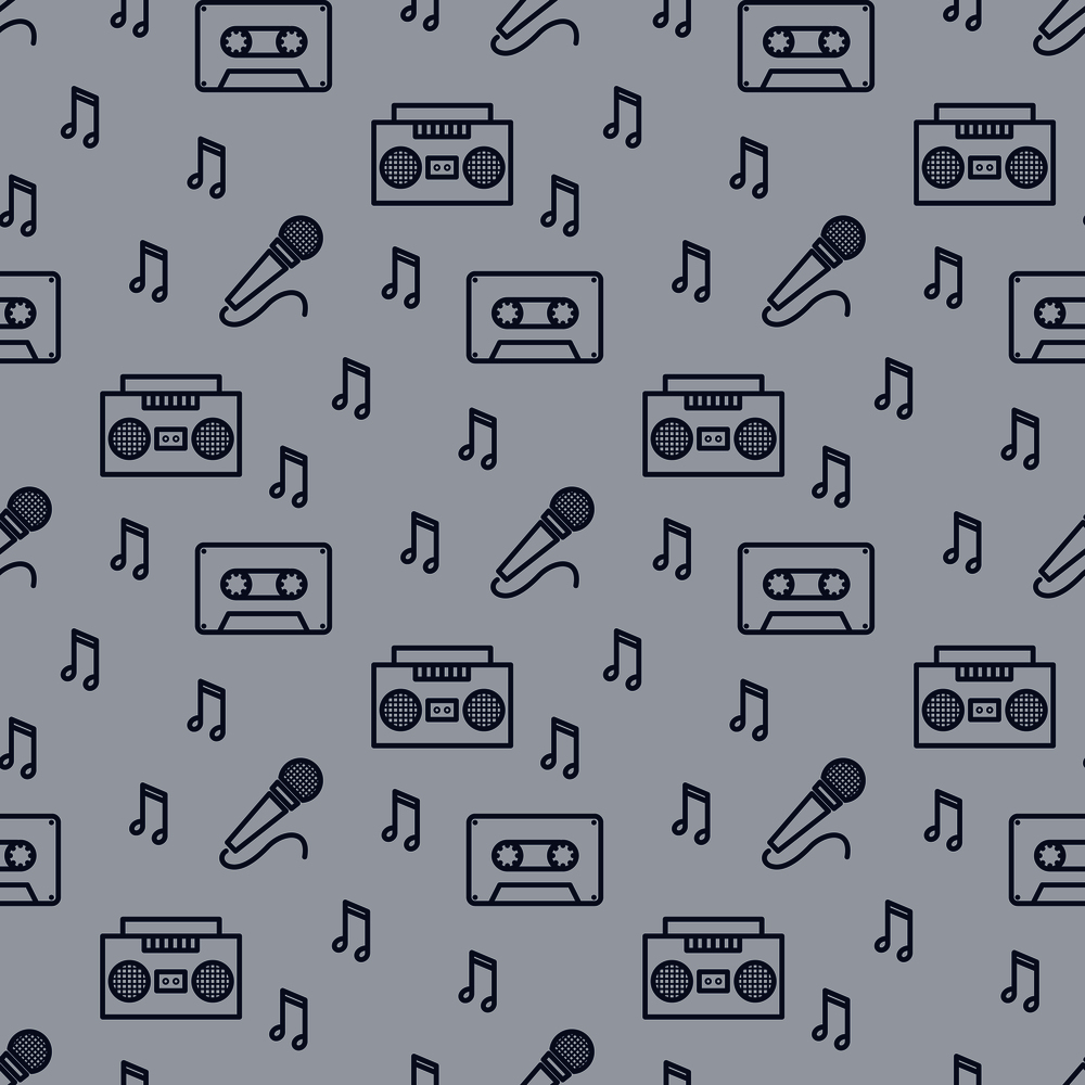 Retro musician seamless pattern design. Background with music tools. Vector illustration. Retro musician seamless pattern design