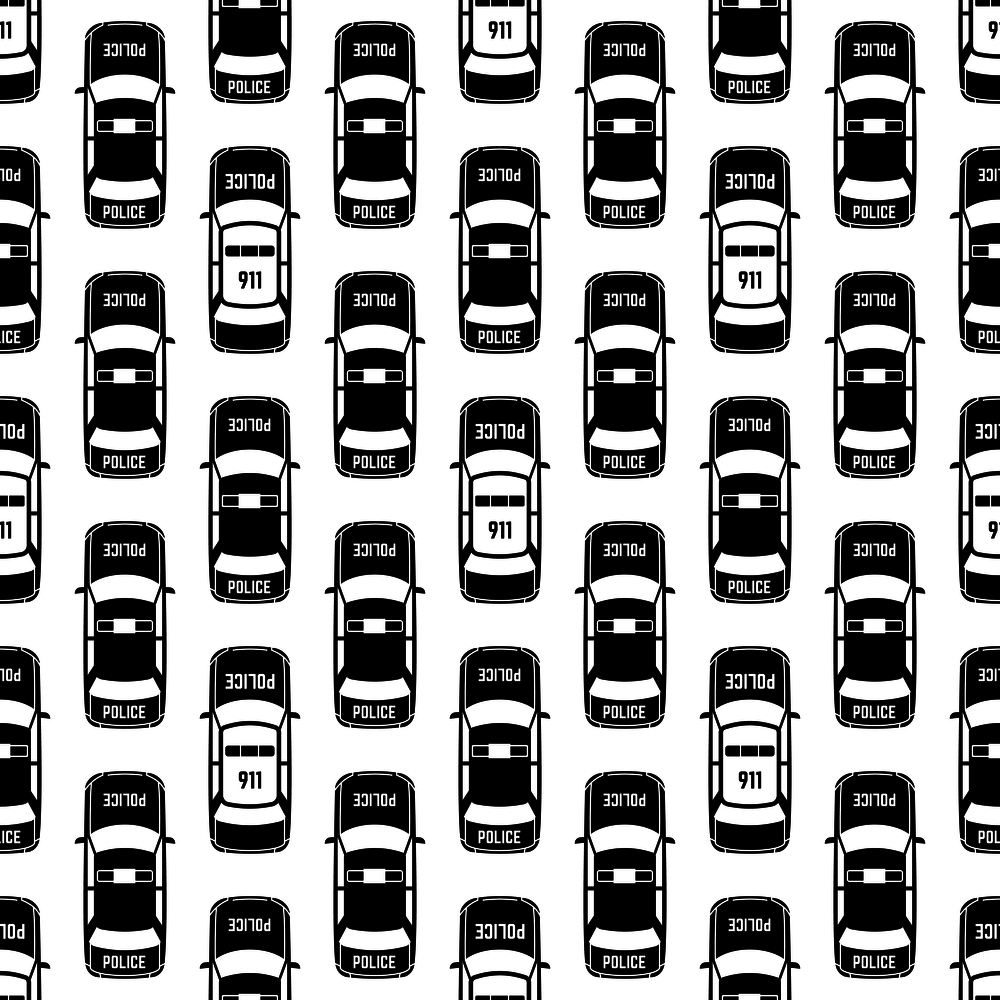 Black and white police cars seamless pattern. Traffic transport, vector illustration. Black and white police cars seamless pattern
