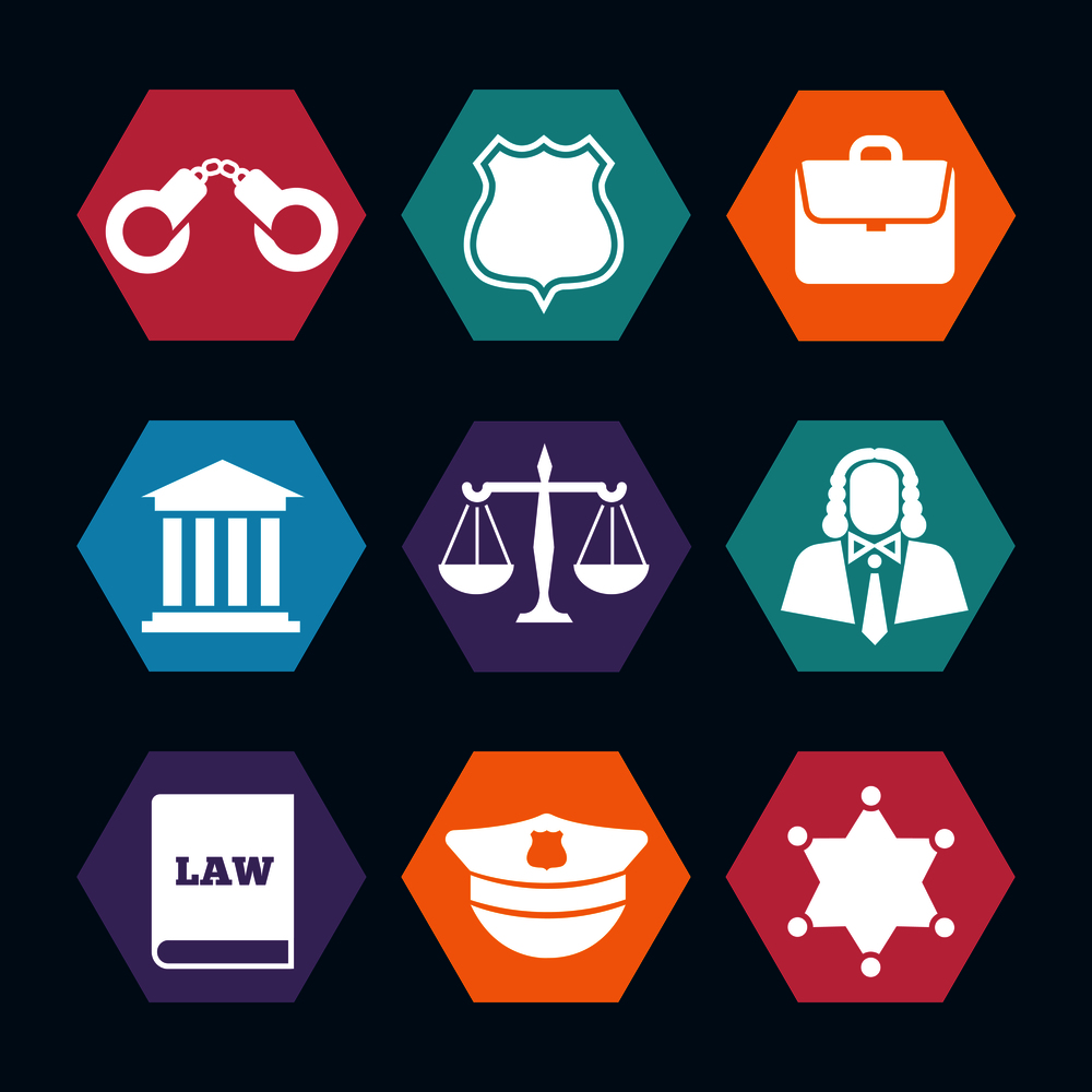 Law, justice and police icons set. Handcuffs and officer sheriff star, vector illustration. Law, justice and police icons set