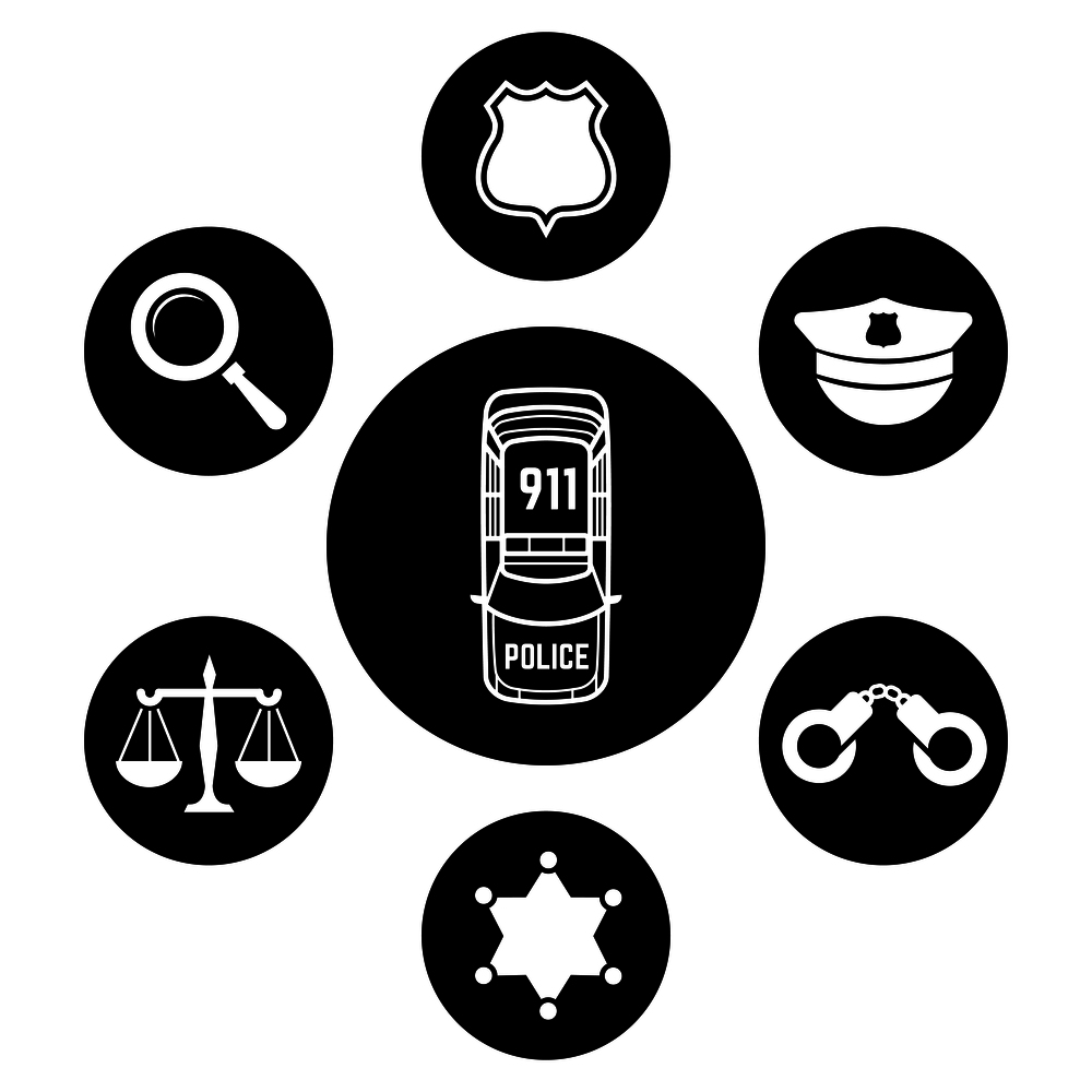 Police concept with car and accessories icons. Vector flat illustration. Police concept with car and accessories icons