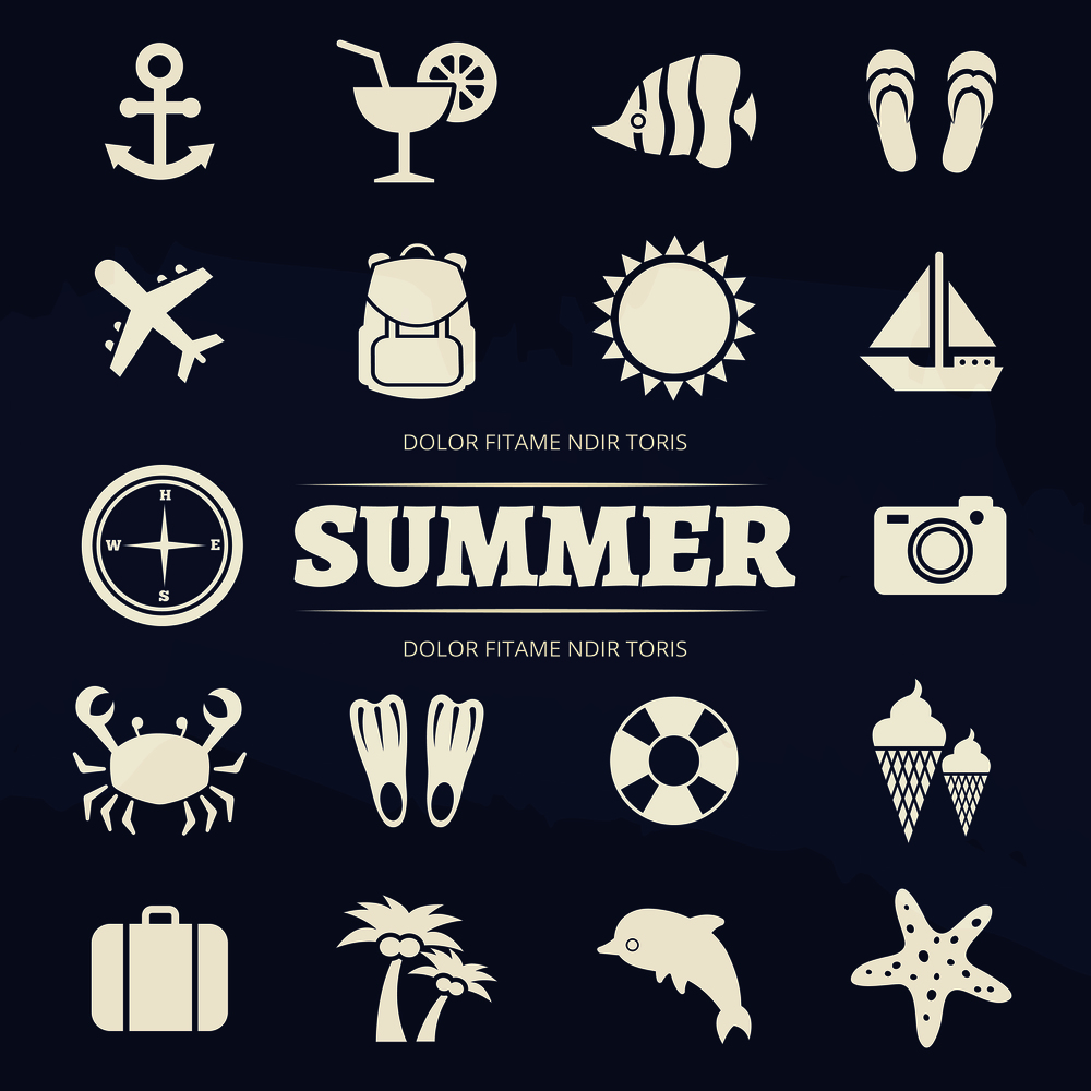 Summer vacation icons set - travel adventure icon. Summertime travel icon anchor and sun, cocktail and leisure, vector illustration. Summer vacation icons set - travel adventure icon