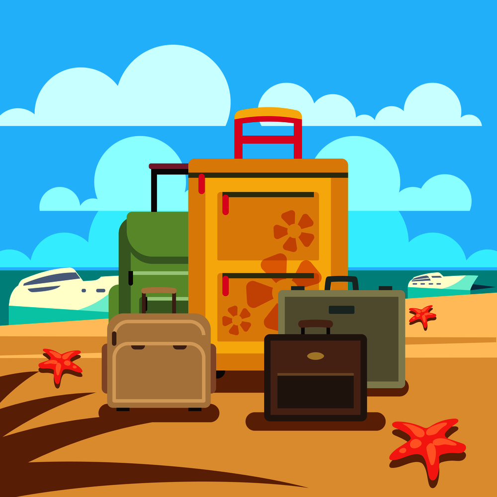 Travel concept background with passenger luggage and beach. Vector illustration. Travel concept background with passenger luggage and beach