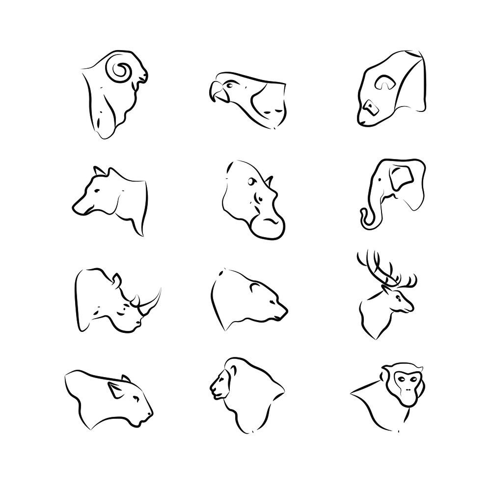 Wild animals heads icons on white background. Wild animal linear. Vector illustration. Wild animals heads icons on white background