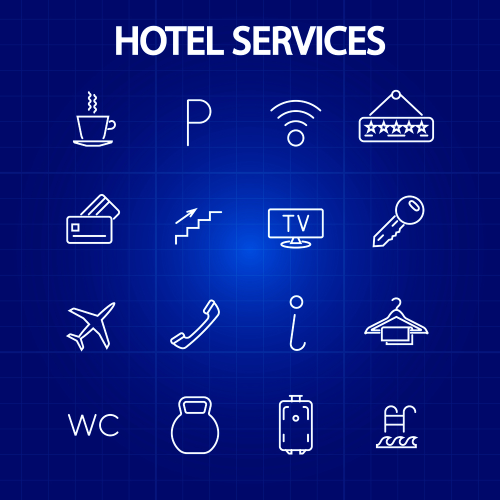 Hotel services thin line icons. Tourism and vacation symbol. Vector illustration. Hotel services thin line icons