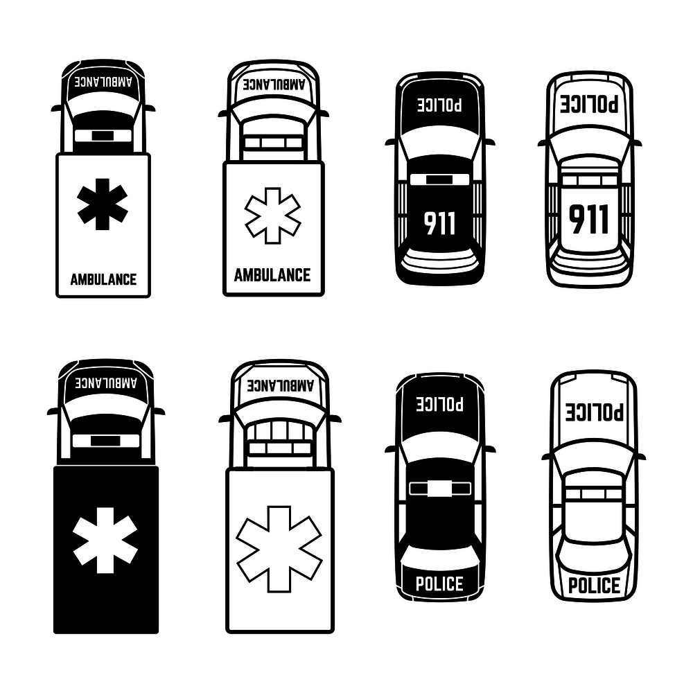 Ambulance and police cars icons on white background. Vector illustration. Ambulance and police cars icons on white background