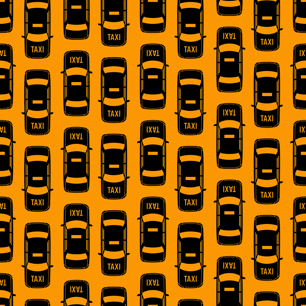 Black taxi traffic seamless pattern on yellow backdrop. Vector illustration. Black taxi traffic seamless pattern on yellow backdrop
