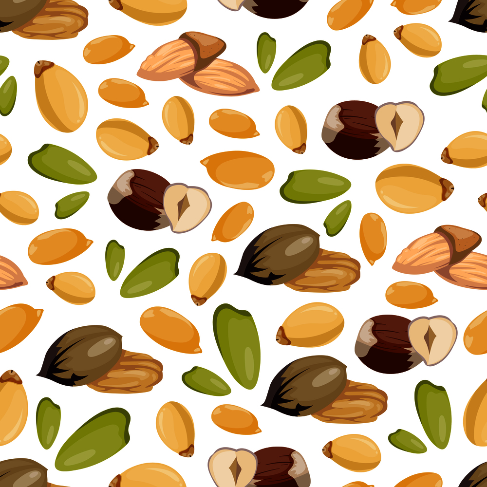 Cartoon style nuts seamless pattern - healthy food seamless texture design. Seamless pattern with organic seed and cashew nuts. Vector illustration. Cartoon style nuts seamless pattern - healthy food seamless texture design