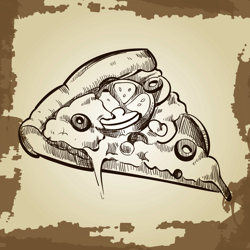 Hand sketched pizza on vintage grunge background - fast food poster. Vector illustration. Hand sketched pizza on vintage grunge background - fast food poster
