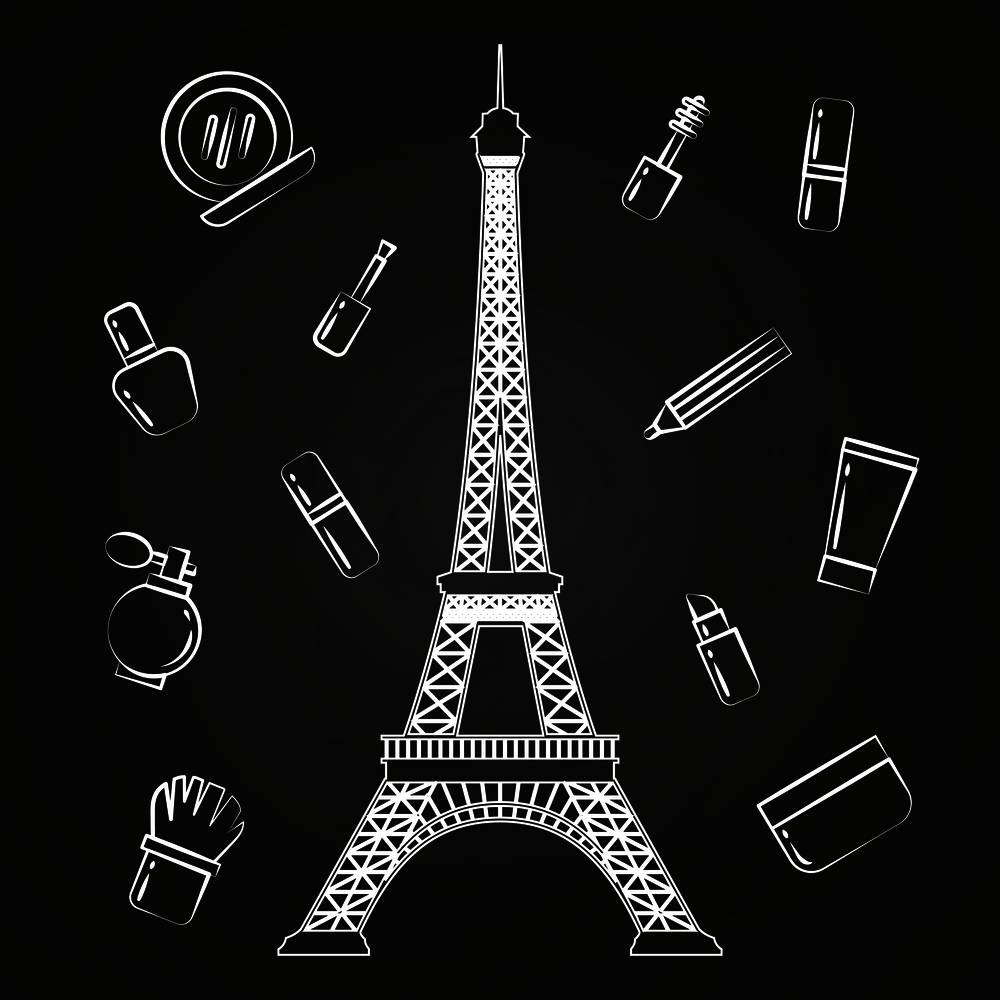 Paris Eiffel tower and beauty cosmetics on blackboard. Vector illustration. Paris Eiffel tower and beauty cosmetics