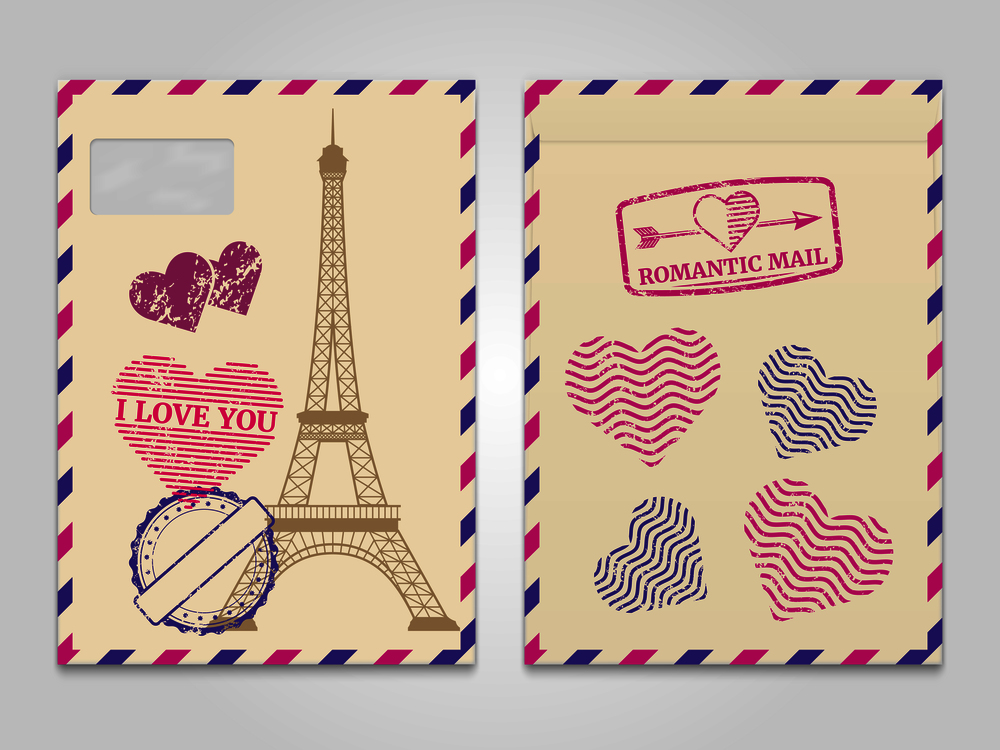 Vintage romantic envelopes with Eiffel tower and love stamps. Travel postcard romantic mail envelope. Vector illustration. Vintage romantic envelopes with Eiffel tower and love stamps