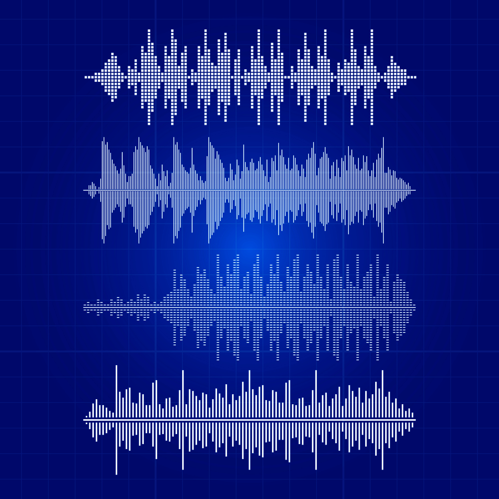 White music waves collection - musical pulse on blue backdrop. Equalizer white sound wave digital, frequency, pulse melody waveform, vector illustration. White music waves collection - musical pulse on blue backdrop