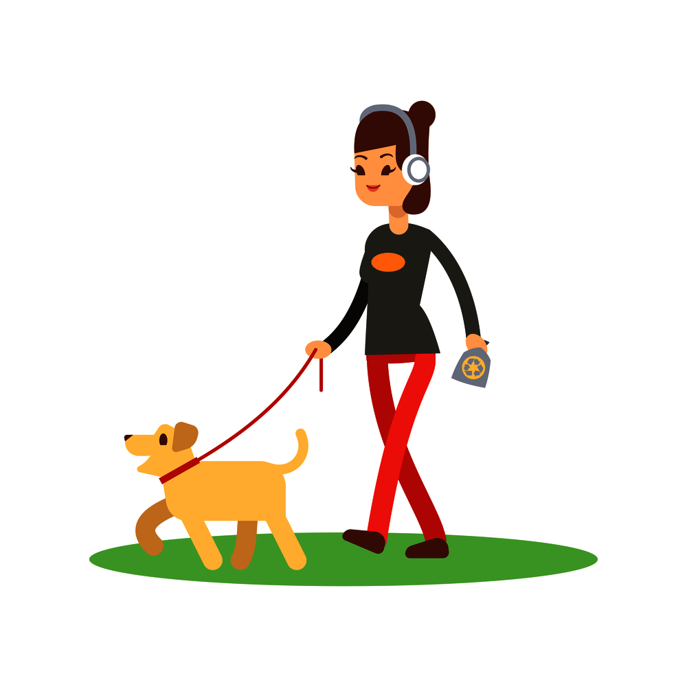 Dogs clean walking concept - girl walks dog isolated on white. Vector walking with dog illustration. Dogs clean walking concept - girl walks dog isolated on white