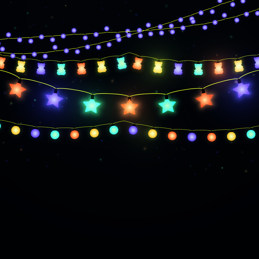 Set of colorful glowing light garlands. String bright garland to xmas festive. Vector illustration. Set of colorful glowing light garlands